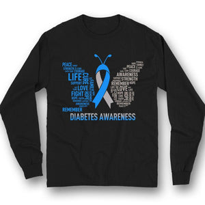 Camiseta de apoyo para la concienciación sobre la diabetes, con lazo azul y mariposa, con fe, esperanza, amor y curación