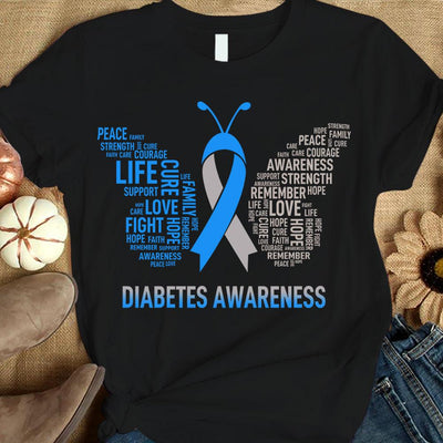 Faith Hope Love Cure, Blue Ribbon Butterfly, Diabetes Awareness Support Shirt