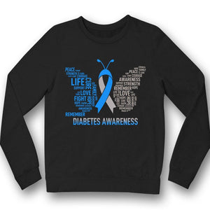 Camiseta de apoyo para la concienciación sobre la diabetes, con lazo azul y mariposa, con fe, esperanza, amor y curación