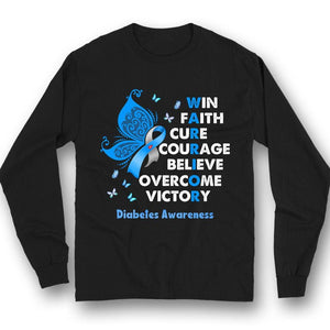 Camiseta de concienciación sobre la diabetes Win Faith Cure Overcome, cinta azul con mariposa