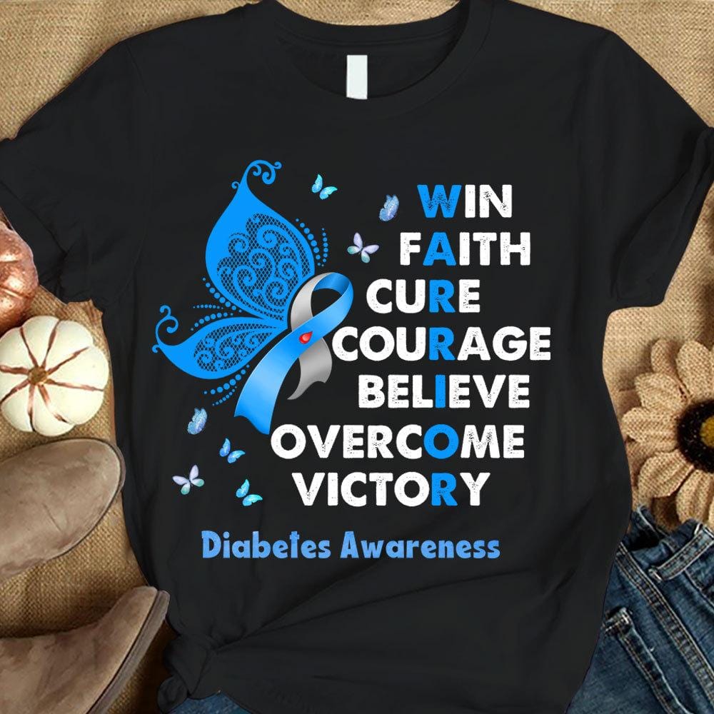 Camiseta de concienciación sobre la diabetes Win Faith Cure Overcome, cinta azul con mariposa