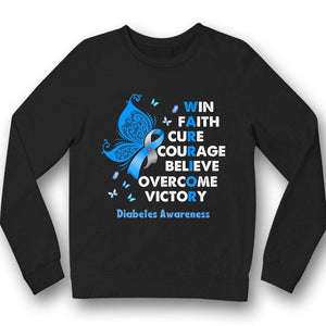 Camiseta de concienciación sobre la diabetes Win Faith Cure Overcome, cinta azul con mariposa