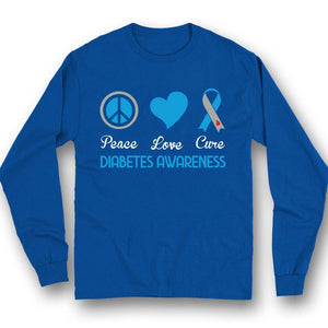 Camiseta con lazo azul y concienciación sobre la diabetes, Peace Love Cure