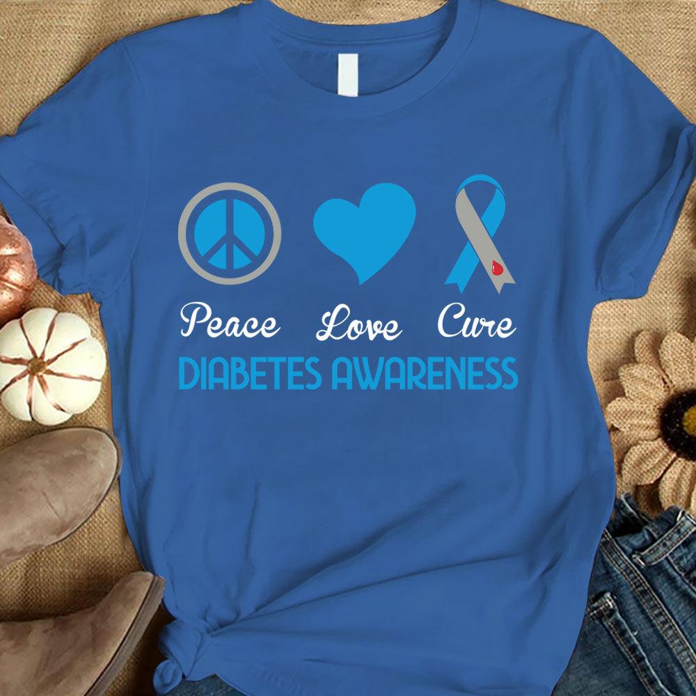 Camiseta con lazo azul y concienciación sobre la diabetes, Peace Love Cure