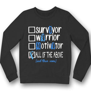 Camiseta de apoyo a la concienciación sobre la diabetes, con el mensaje "Survivor Warrior Motivator" y lazo azul