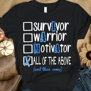 Camiseta de apoyo a la concienciación sobre la diabetes, con el mensaje "Survivor Warrior Motivator" y lazo azul