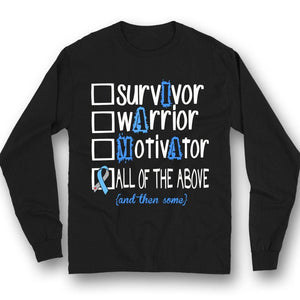 Camiseta de apoyo a la concienciación sobre la diabetes, con el mensaje "Survivor Warrior Motivator" y lazo azul