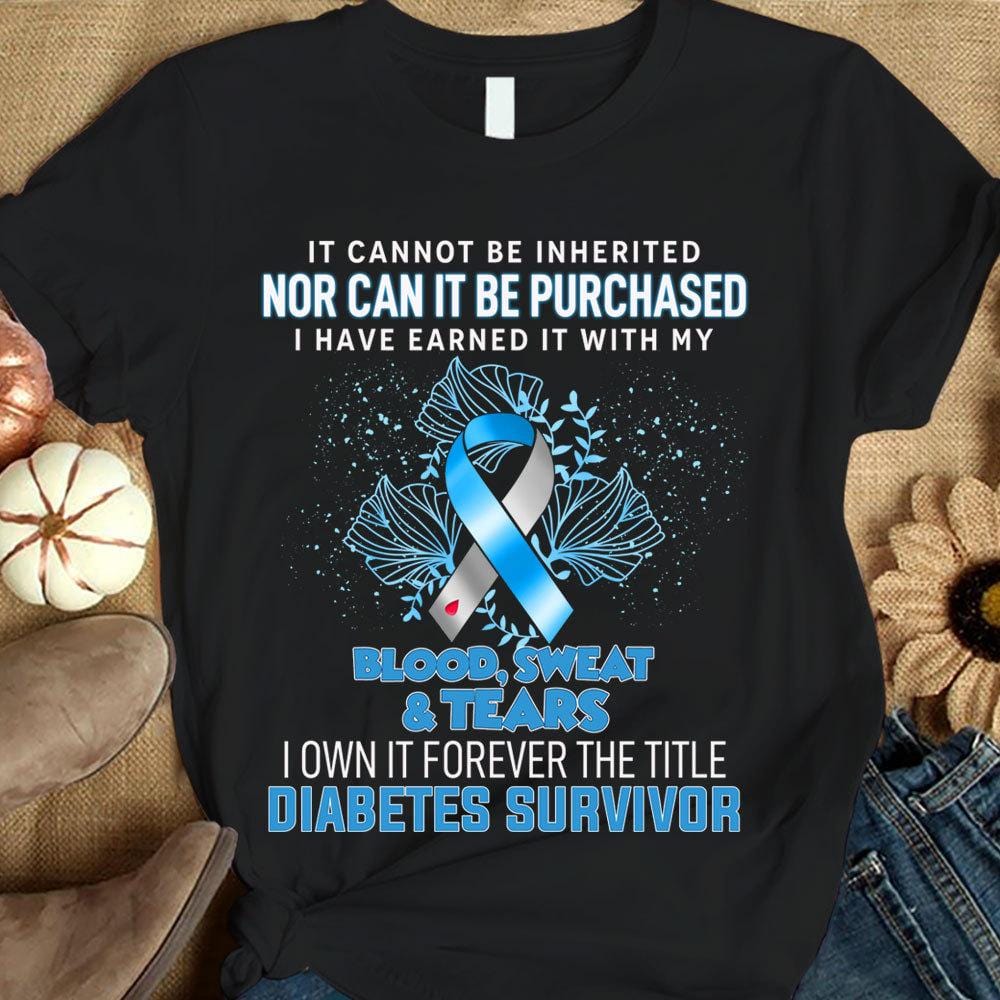 Camiseta de apoyo para sobrevivientes de la diabetes con lazo azul, sangre, sudor y lágrimas