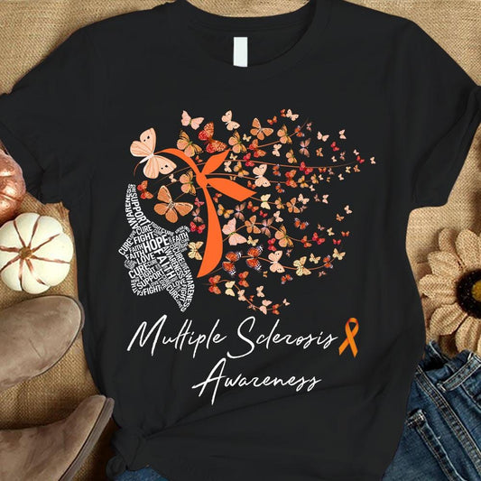 Camiseta de apoyo a la fe, la esperanza, el amor y la cura, mujer mariposa, concienciación sobre la esclerosis múltiple