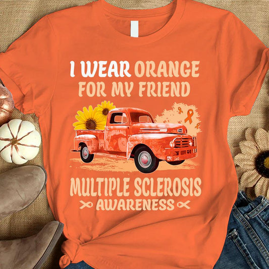 Llevo naranja por mi amiga, cinta con girasol y coche, camiseta de apoyo a la concienciación sobre la esclerosis múltiple