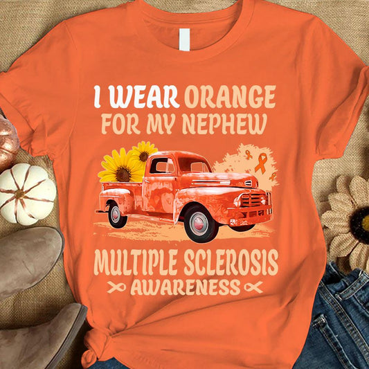 Llevo naranja por mi sobrino, camiseta con lazo, girasol y coche, para concienciar sobre la esclerosis múltiple