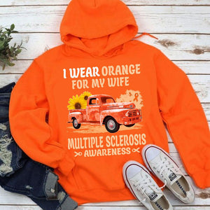 Llevo naranja por mi esposa, lazo, girasol y coche, sudadera con capucha y camiseta con esclerosis múltiple