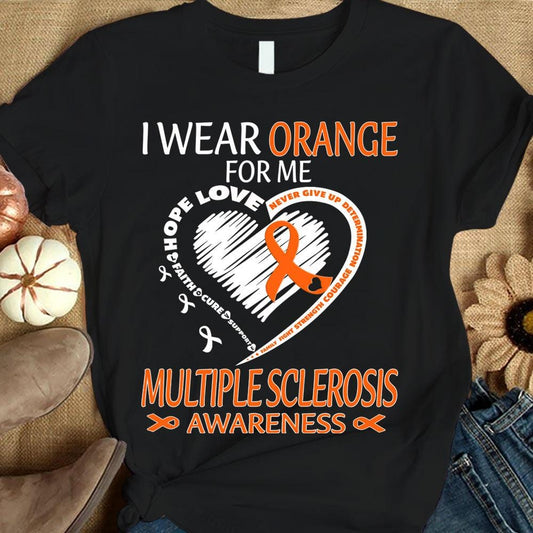 Llevo naranja por mí, fe, esperanza, amor, cura, apoyo, corazón con lazo, camiseta de concienciación sobre la esclerosis múltiple