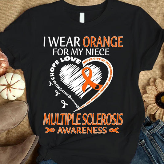 Me visto de naranja por mi sobrina, fe, esperanza, amor, cura, apoyo, corazón con lazo, camiseta de concienciación sobre la esclerosis múltiple