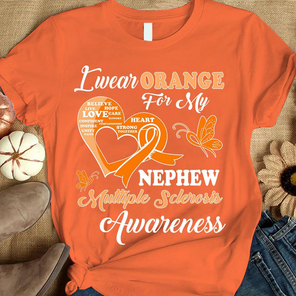 Llevo naranja por mi sobrino, camiseta de apoyo a la concienciación sobre la esclerosis múltiple, lazo con mariposa