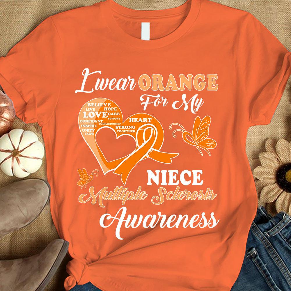 Llevo naranja por mi sobrina, camiseta de apoyo a la concienciación sobre la esclerosis múltiple, lazo con mariposa