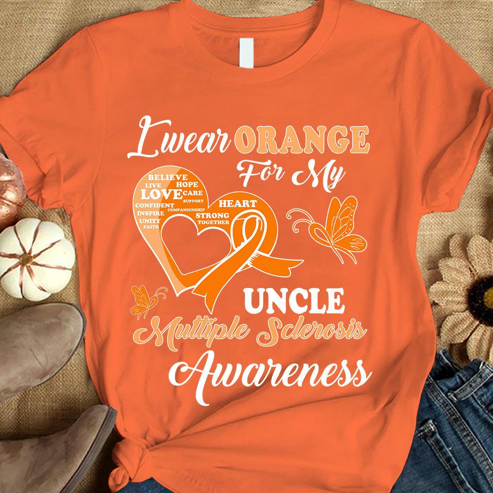Me visto de naranja por mi tío, camiseta de apoyo a la concienciación sobre la esclerosis múltiple, lazo con mariposa
