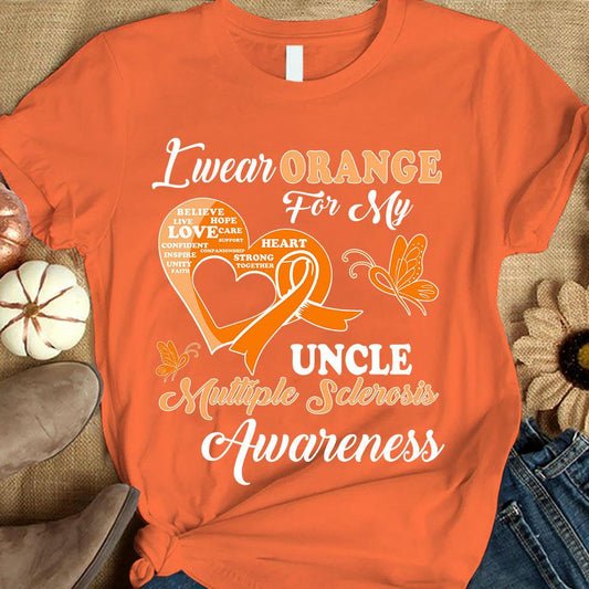 Me visto de naranja por mi tío, camiseta de apoyo a la concienciación sobre la esclerosis múltiple, lazo con mariposa