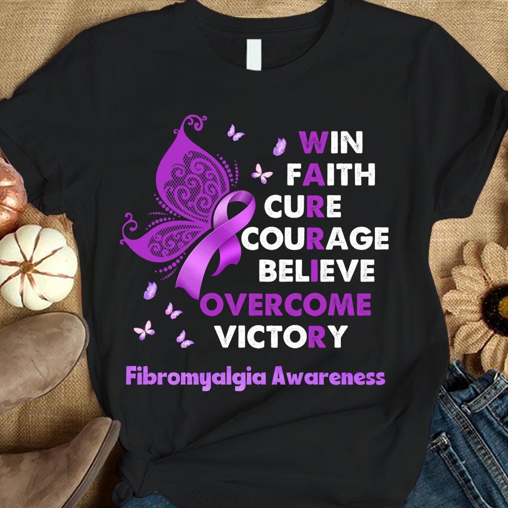 Win Faith Cure Overcome, Fibromyalgia Awareness Shirt, Purple Ribbon Butterfly