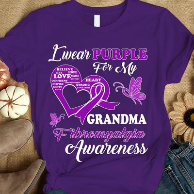 I Wear Purple For Grandma, Fibromyalgia Awareness Support Shirt, Ribbon Butterfly
