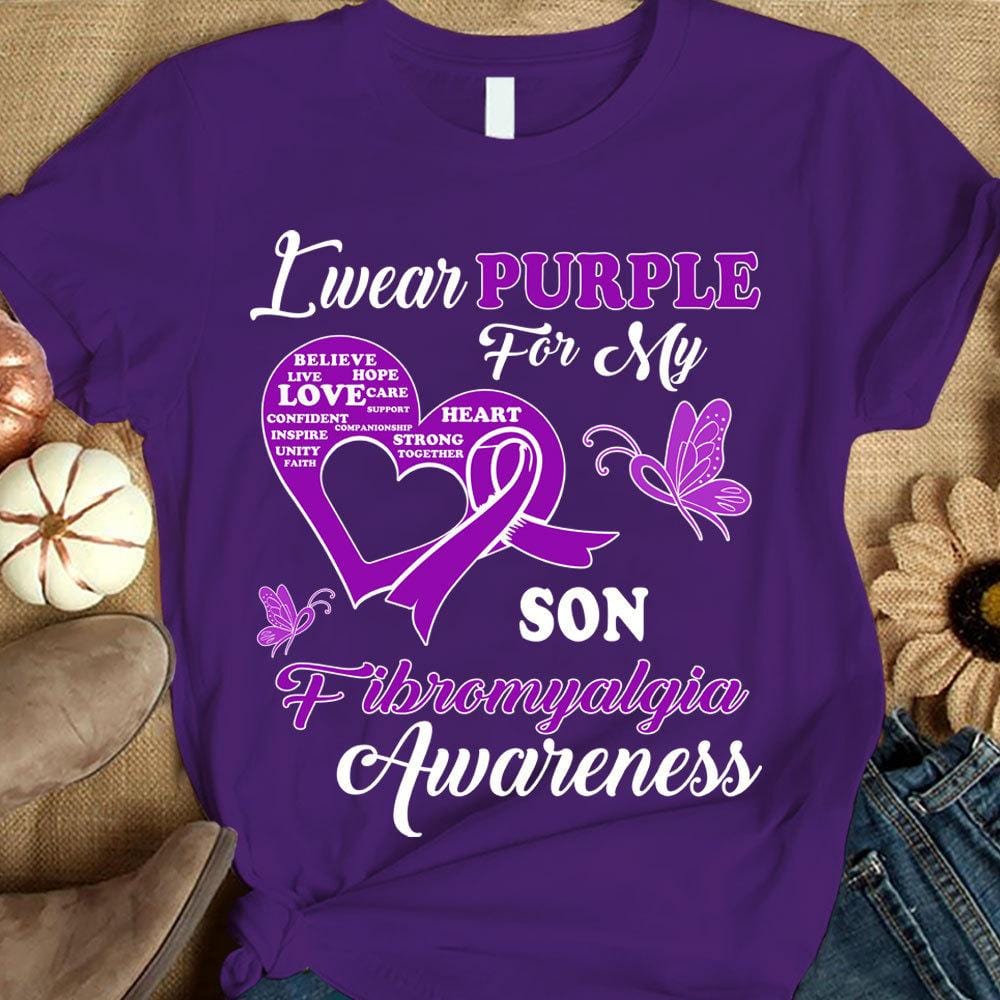 I Wear Purple For Son, Fibromyalgia Awareness Support Shirt, Ribbon Butterfly