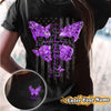 Personalized Fibromyalgia Warrior Awareness Shirt With Front And Back Printing, Butterfly Cross