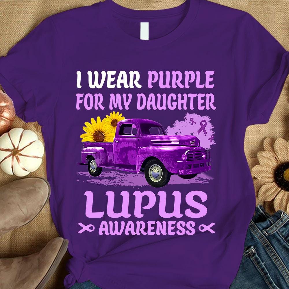 Llevo morado por mi hija, camiseta de concienciación sobre el lupus, coche con lazo de girasol