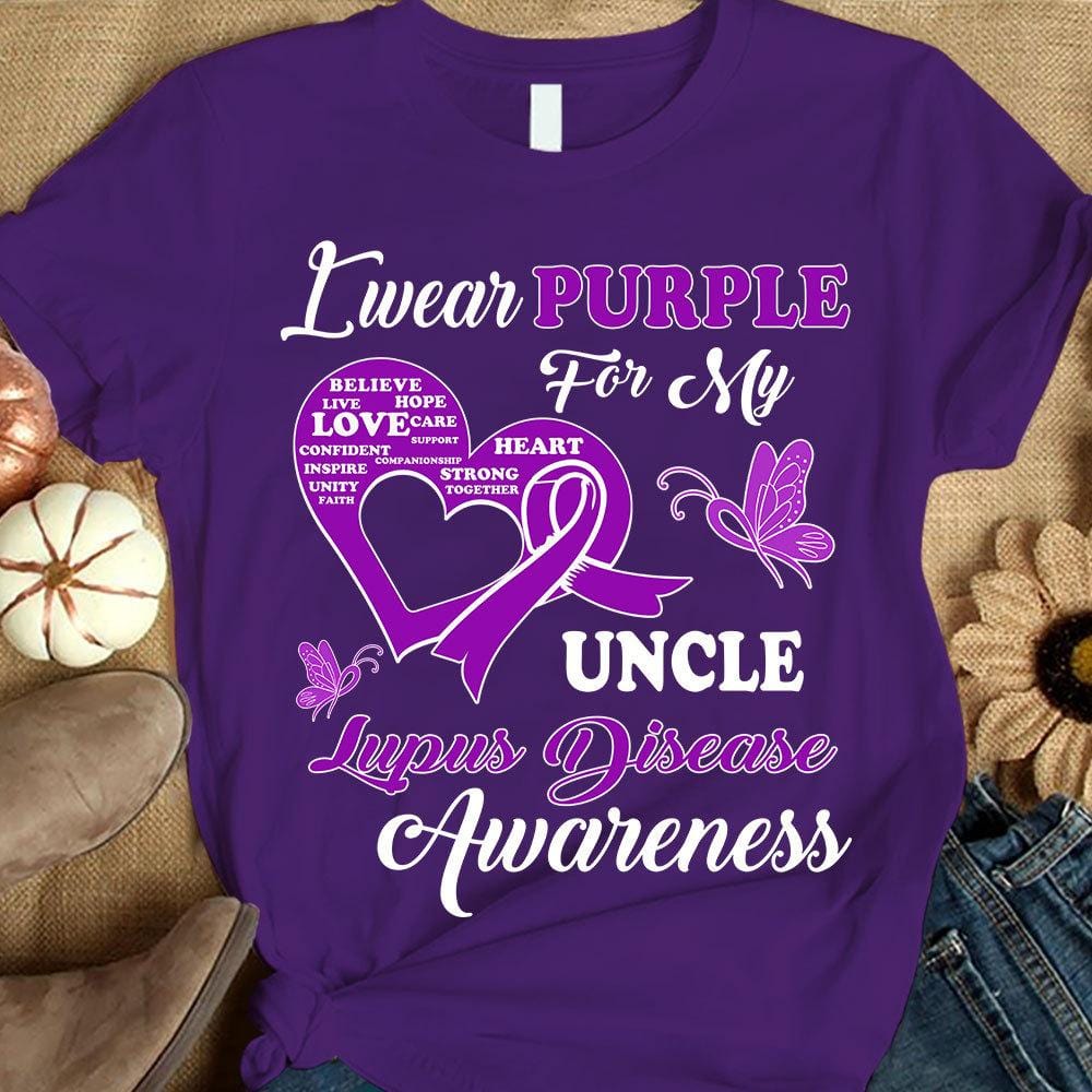 Llevo morado por mi tío, camiseta de guerrero de concienciación sobre el lupus, cinta con forma de corazón y mariposa