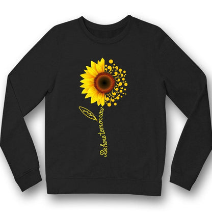 Camisetas de concienciación sobre el suicidio con girasol y punto y coma "Be Here Tomorrow"