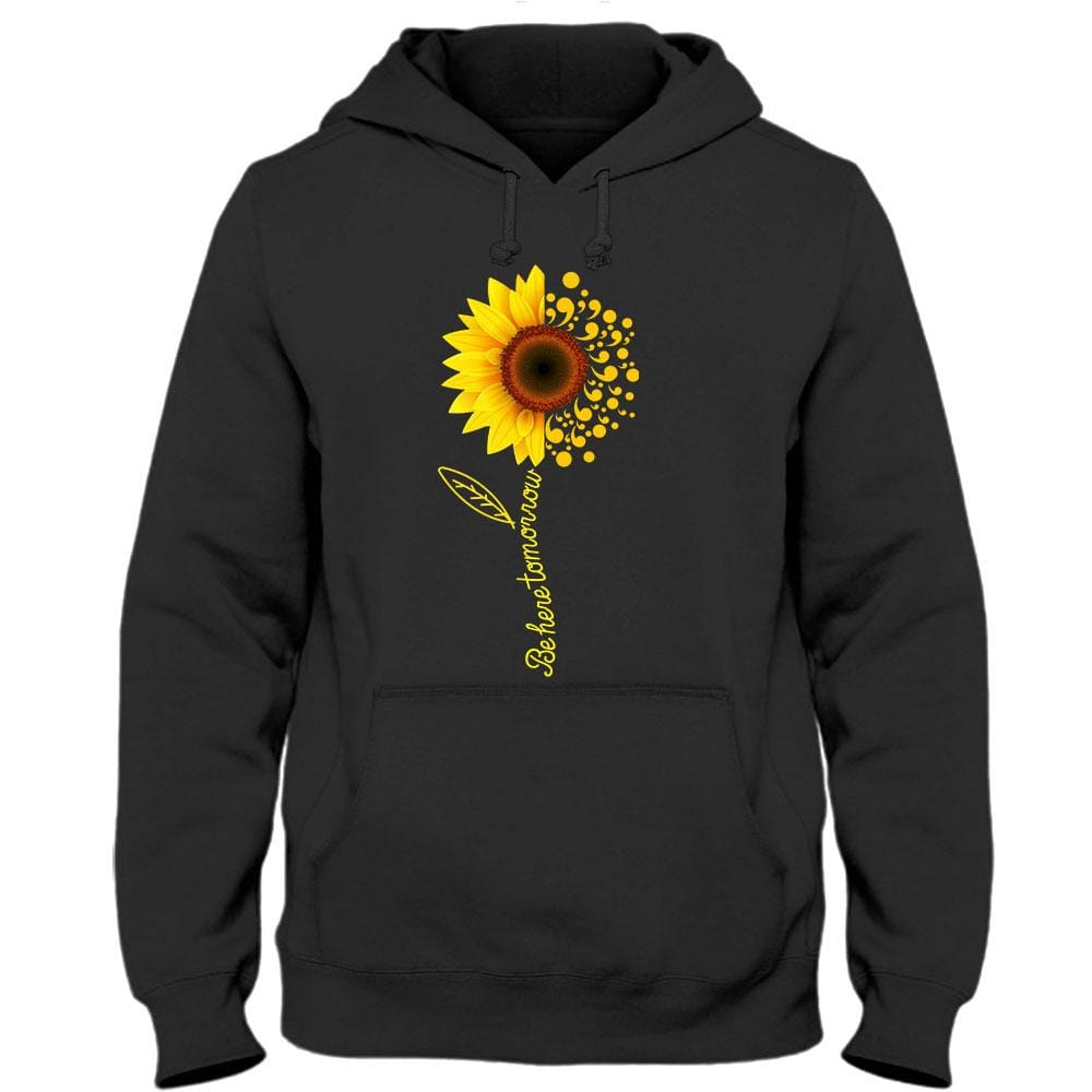 Camisetas de concienciación sobre el suicidio con girasol y punto y coma "Be Here Tomorrow"