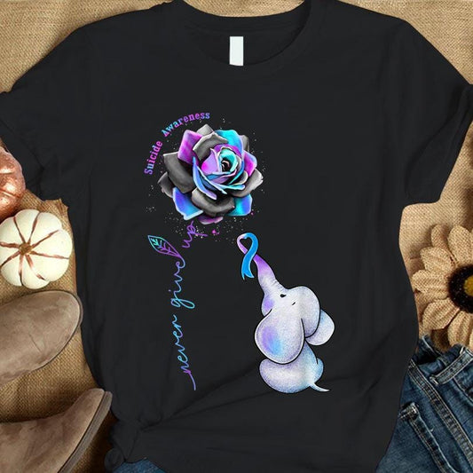 Camisetas de concienciación sobre el suicidio, nunca te rindas con elefante y rosa