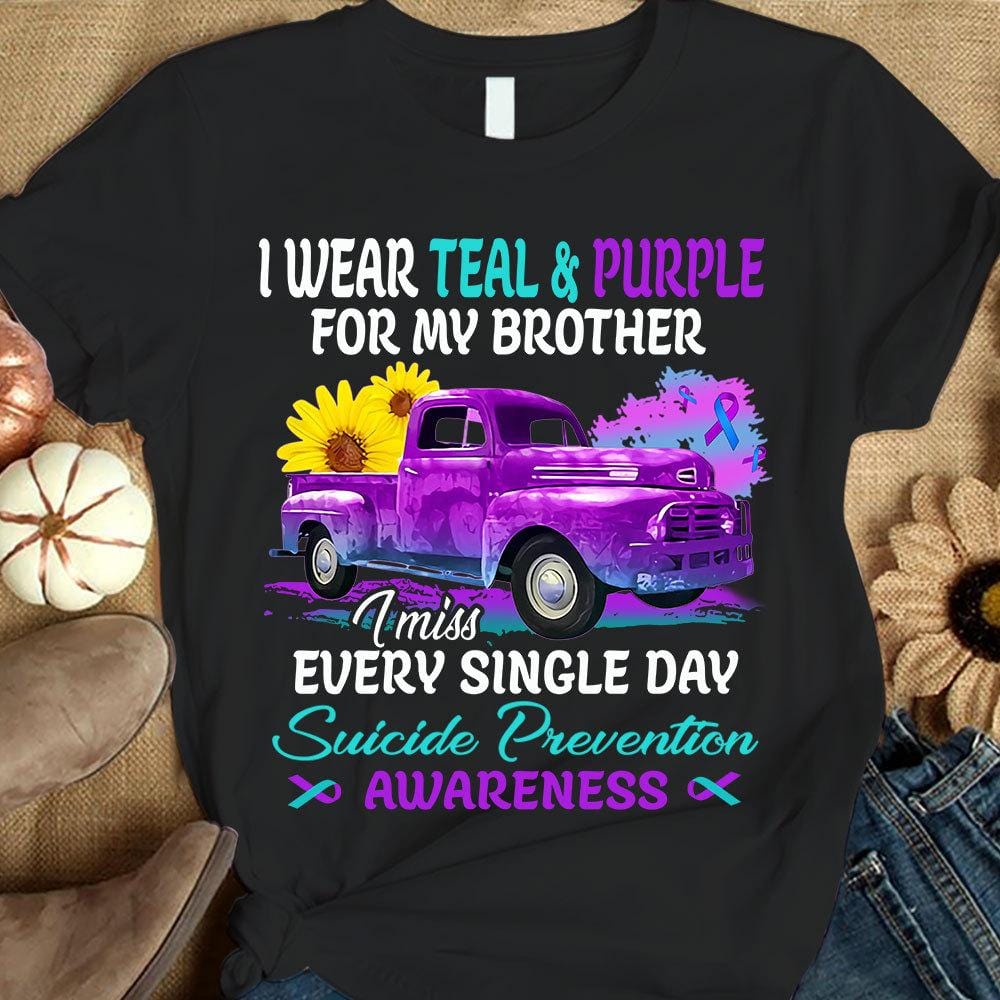 Llevo un color verde azulado y morado por mi hermano, camiseta de concienciación sobre el suicidio con un coche de girasol