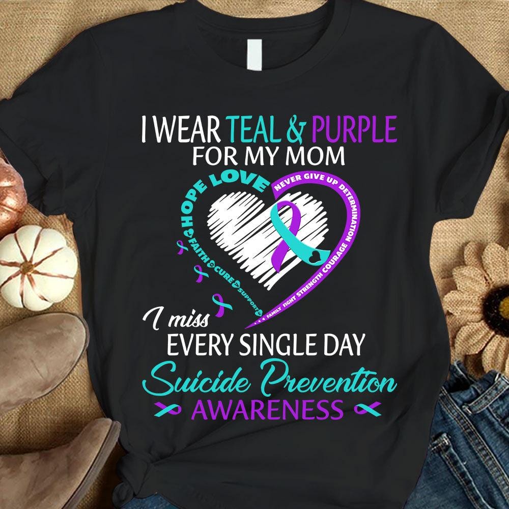 Llevo camiseta verde azulado y morado por mi mamá, corazón de lazo, concienciación sobre la prevención del suicidio