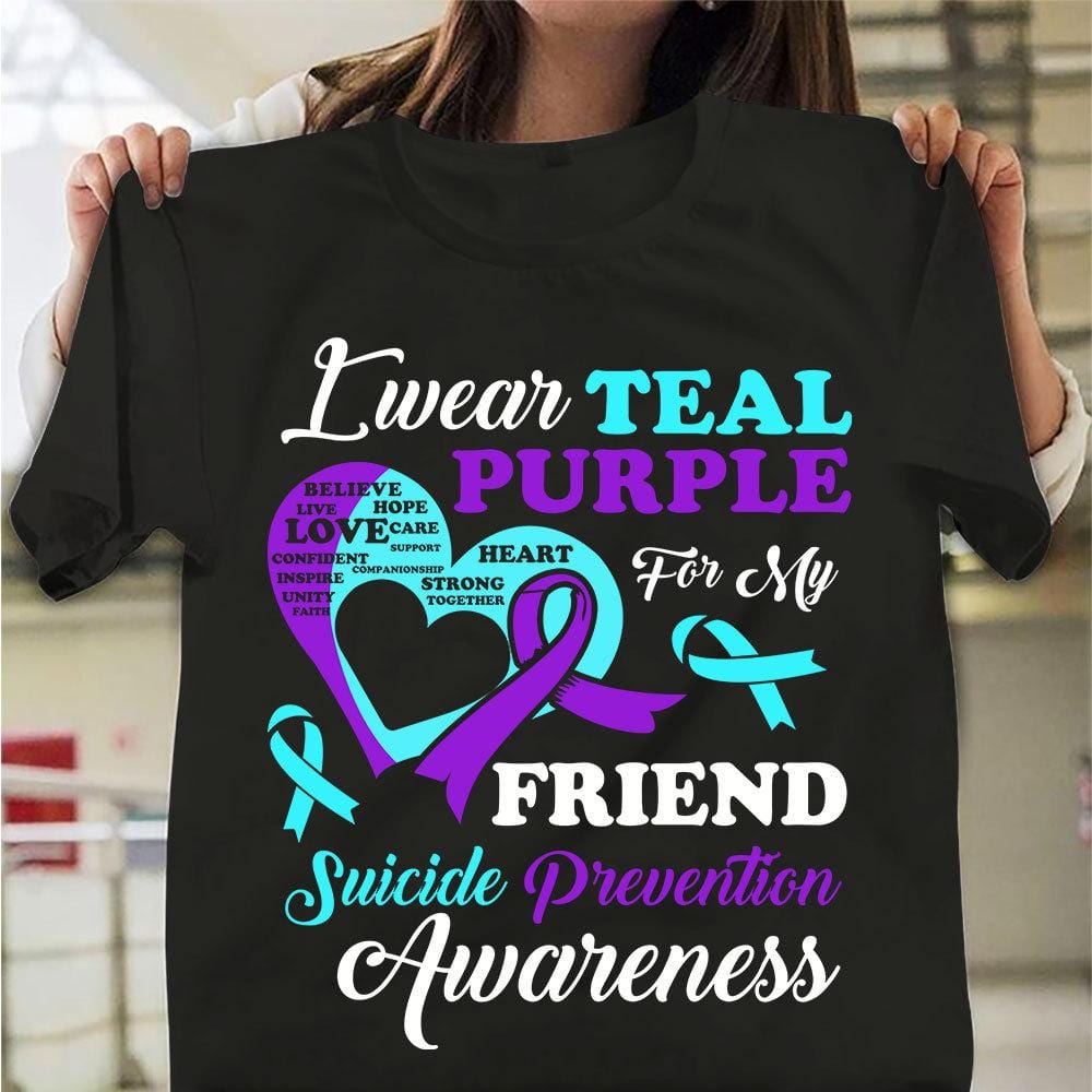 Llevo un color verde azulado y morado para un amigo, camiseta de prevención del suicidio, lazo con forma de corazón