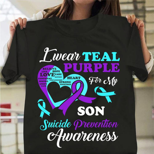 Llevo camiseta de color verde azulado y morado por mi hijo, camiseta de prevención del suicidio, lazo con forma de corazón