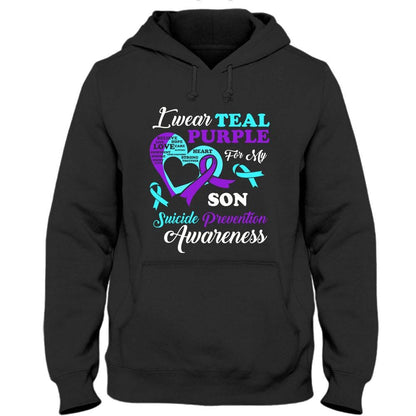Llevo camiseta de color verde azulado y morado por mi hijo, camiseta de prevención del suicidio, lazo con forma de corazón