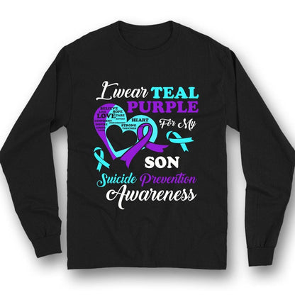 Llevo camiseta de color verde azulado y morado por mi hijo, camiseta de prevención del suicidio, lazo con forma de corazón
