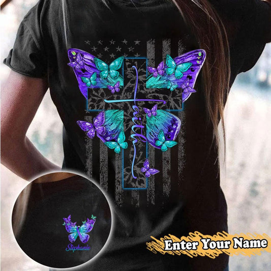 Camiseta personalizada de concienciación sobre la prevención del suicidio con impresión en la parte delantera y trasera, cruz de mariposa