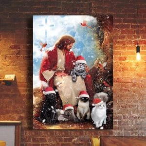 Póster navideño de Jesús y el gato, lienzo