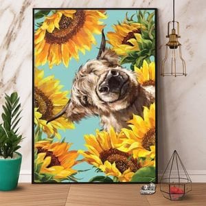 Highland Cow Sunflowers Poster, Canvas