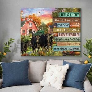 Farmhouse Life Is Short Break The Rules Black Angus Cows Poster, Canvas