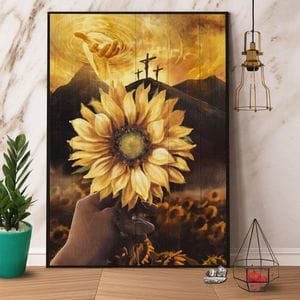 Póster de girasol con la mano de Jesús en el cielo, lienzo