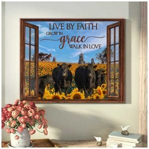 Póster de vacas Angus negras con la frase "Viva la fe" en la ventana de girasol