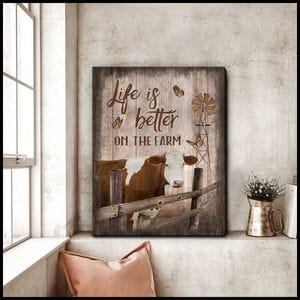 La vida es mejor en la granja. Póster de vacas Hereford, lienzo