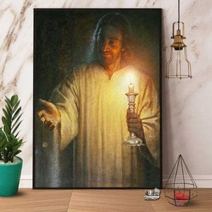 Póster de Jesús sosteniendo velas y levantando las manos, lienzo