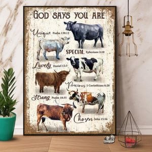 Póster de vacas encantadoras, Dios dice que eres única y especial, lienzo