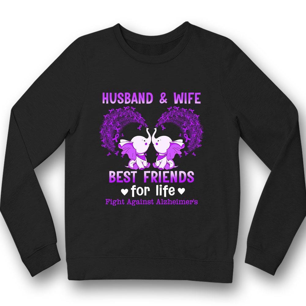 Camiseta de concienciación sobre el Alzheimer con marido y mujer, pelea entre mejores amigos, elefante con lazo morado