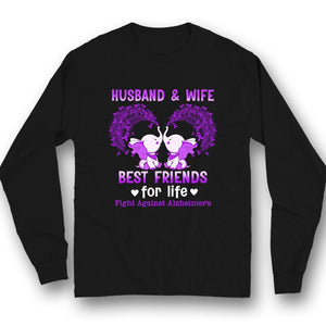 Camiseta de concienciación sobre el Alzheimer con marido y mujer, pelea entre mejores amigos, elefante con lazo morado