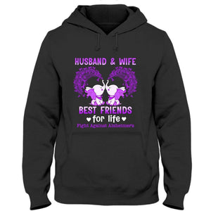 Camiseta de concienciación sobre el Alzheimer con marido y mujer, pelea entre mejores amigos, elefante con lazo morado