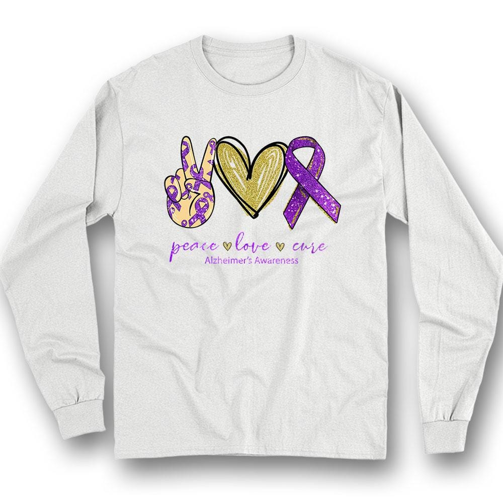 Camiseta de concienciación sobre el Alzheimer con corazón de lazo morado y la cura de la paz y el amor